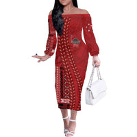 Samoa FAST Siapo Family Matching Off The Shoulder Long Sleeve Dress and Hawaiian Shirt Tatau-Ulafala Vines LT7 Mom's Dress Red - Polynesian Pride