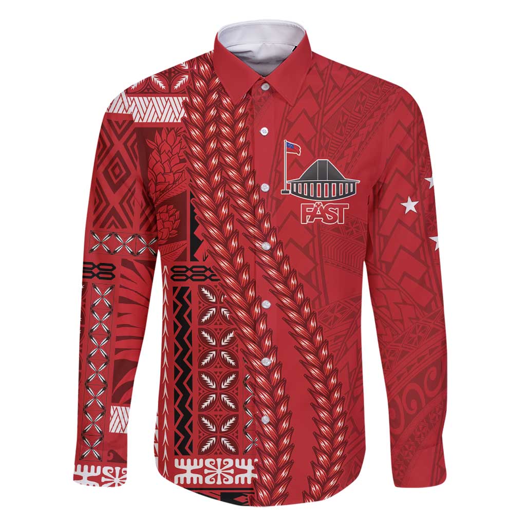 Samoa FAST Siapo Family Matching Off Shoulder Maxi Dress and Hawaiian Shirt Tatau-Ulafala Vines LT7 Dad's Shirt - Long Sleeve Red - Polynesian Pride