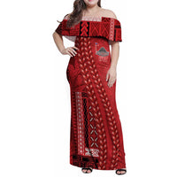 Samoa FAST Siapo Family Matching Off Shoulder Maxi Dress and Hawaiian Shirt Tatau-Ulafala Vines LT7 Mom's Dress Red - Polynesian Pride