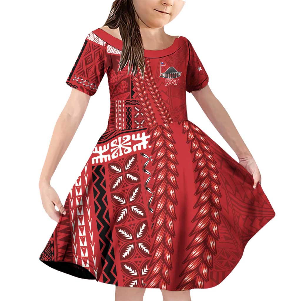 Samoa FAST Siapo Family Matching Off Shoulder Short Dress and Hawaiian Shirt Tatau-Ulafala Vines LT7 Daughter's Dress Red - Polynesian Pride