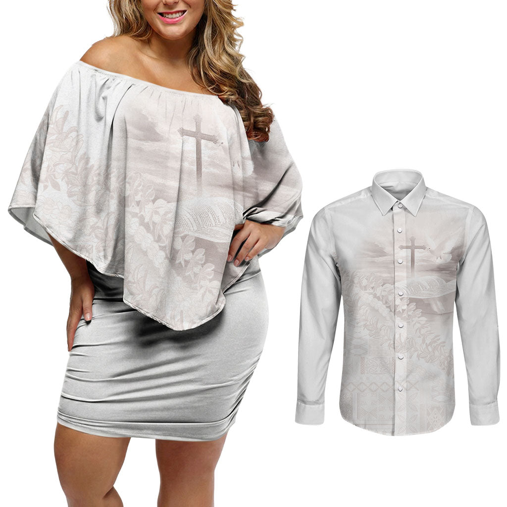Samoa Lotu Tamaiti White Prayers Couples Matching Off Shoulder Short Dress and Long Sleeve Button Shirt Floral Mamanu Siapo LT7 White - Polynesian Pride