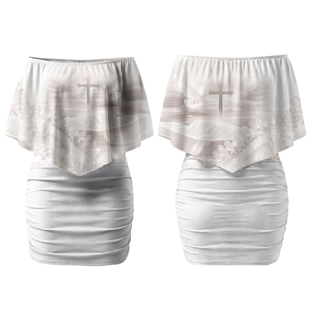 Samoa Lotu Tamaiti White Prayers Couples Matching Off Shoulder Short Dress and Long Sleeve Button Shirt Floral Mamanu Siapo LT7 - Polynesian Pride