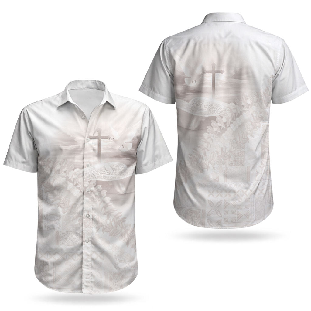 Samoa Lotu Tamaiti White Prayers Couples Matching Short Sleeve Bodycon Dress and Hawaiian Shirt Floral Mamanu Siapo LT7 - Polynesian Pride