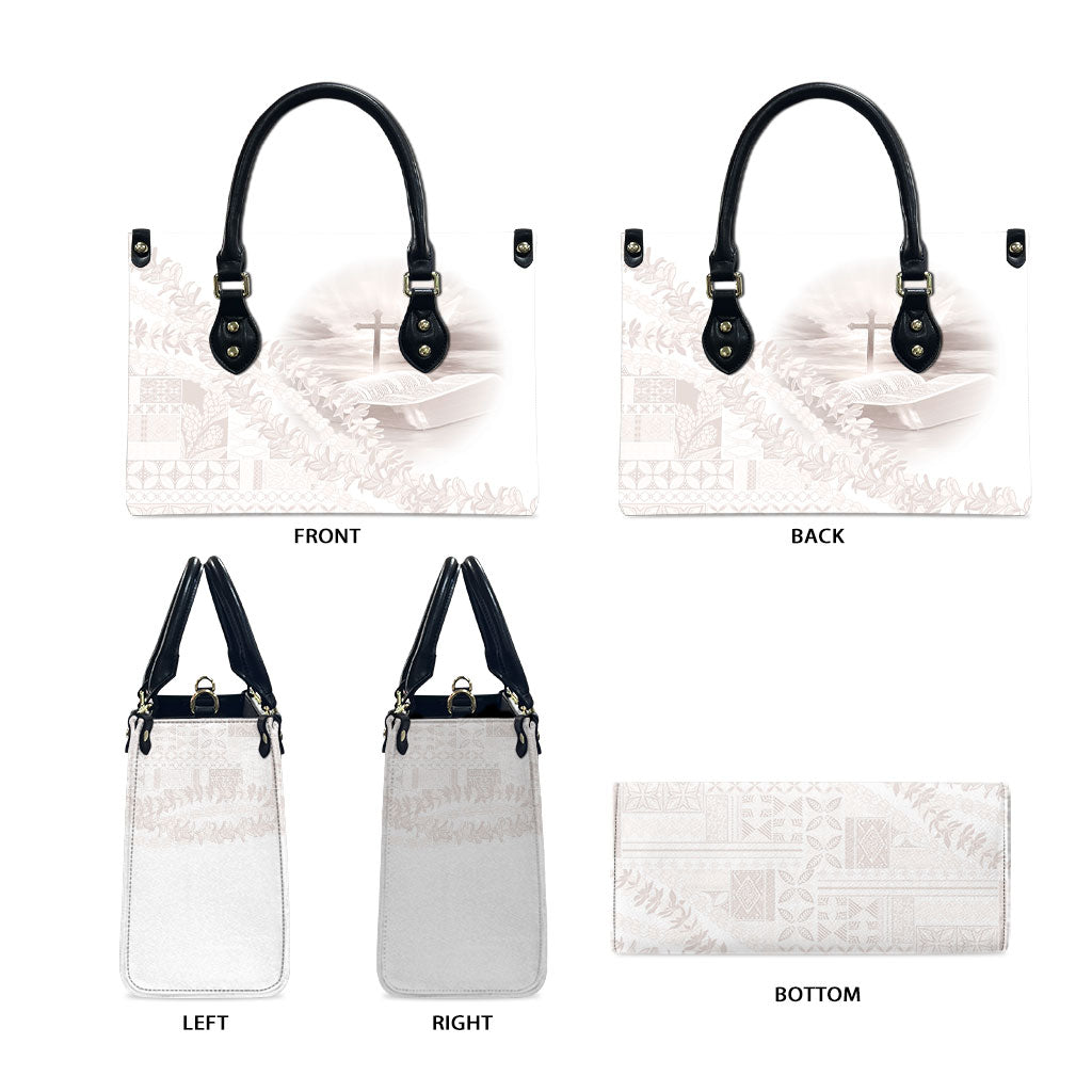 Samoa Lotu Tamaiti White Prayers Leather Bag Floral Mamanu Siapo LT7 - Polynesian Pride