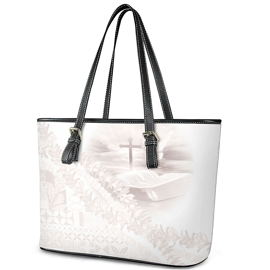 Samoa Lotu Tamaiti White Prayers Leather Tote Bag Floral Mamanu Siapo LT7 - Polynesian Pride