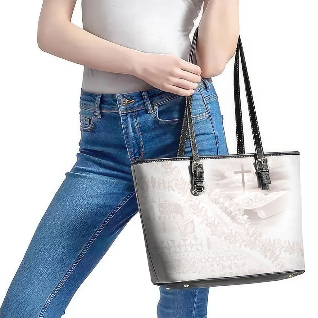 Samoa Lotu Tamaiti White Prayers Leather Tote Bag Floral Mamanu Siapo LT7 - Polynesian Pride