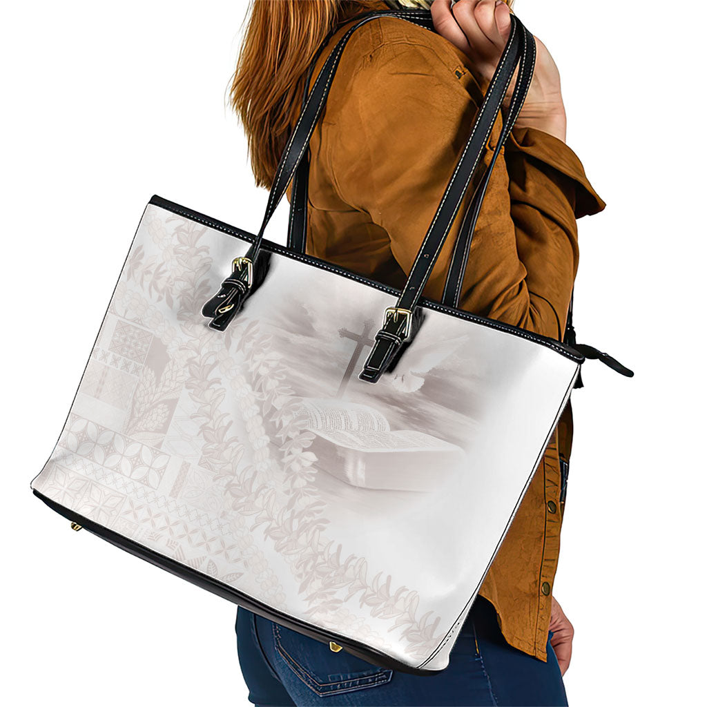 Samoa Lotu Tamaiti White Prayers Leather Tote Bag Floral Mamanu Siapo LT7 - Polynesian Pride