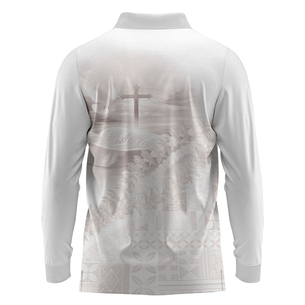 Samoa Lotu Tamaiti White Prayers Long Sleeve Polo Shirt Floral Mamanu Siapo LT7 - Polynesian Pride