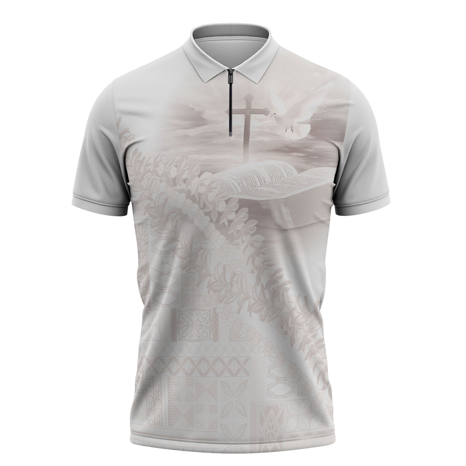 Samoa Lotu Tamaiti White Prayers Zipper Polo Shirt Floral Mamanu Siapo LT7 White - Polynesian Pride