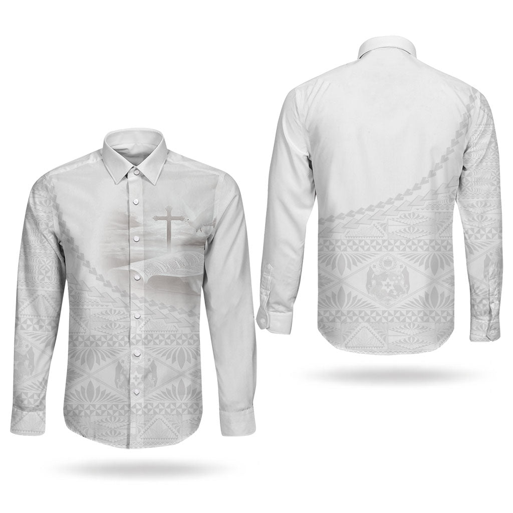 Tonga White Sunday Fakame Couples Matching Off Shoulder Maxi Dress and Long Sleeve Button Shirt Tokelaufeletoa Kupesi LT7 - Polynesian Pride