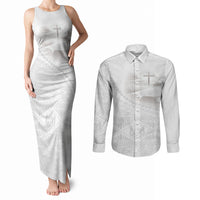 Tonga White Sunday Fakame Couples Matching Tank Maxi Dress and Long Sleeve Button Shirt Tokelaufeletoa Kupesi LT7 White - Polynesian Pride