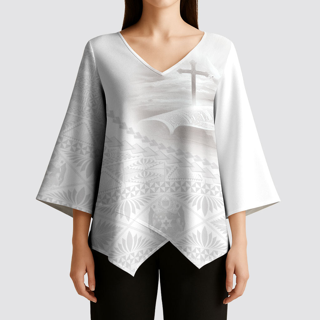 Tonga White Sunday Fakame Kimono Sleeve Blouse Tokelaufeletoa Kupesi LT7 - Polynesian Pride