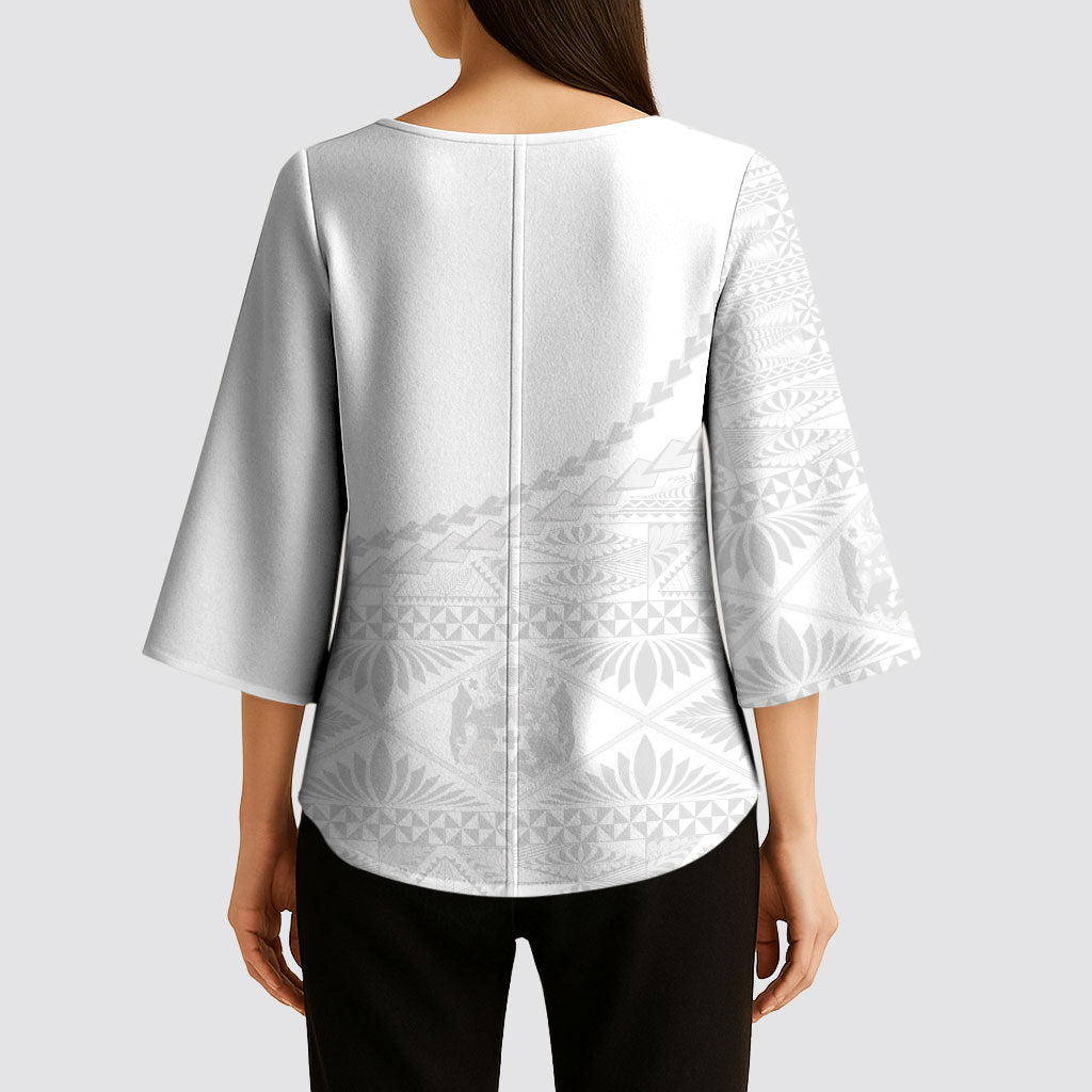 Tonga White Sunday Fakame Kimono Sleeve Blouse Tokelaufeletoa Kupesi LT7 - Polynesian Pride