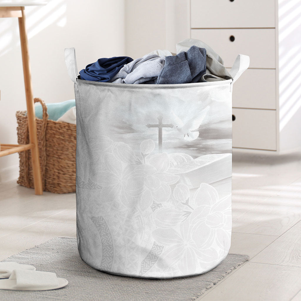 Niue White Sunday Tapu Fanau Laundry Basket Fiti Pua Mix Hiapo Tapa LT7 White - Polynesian Pride