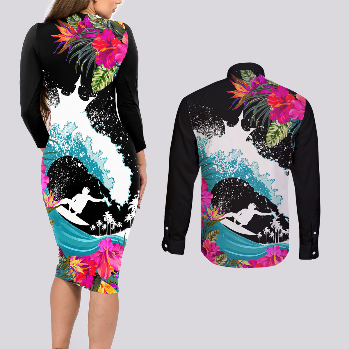Hawaii Surfing Couples Matching Long Sleeve Bodycon Dress and Long Sleeve Button Shirts Triple Crown Rides The Waves LT7 - Polynesian Pride