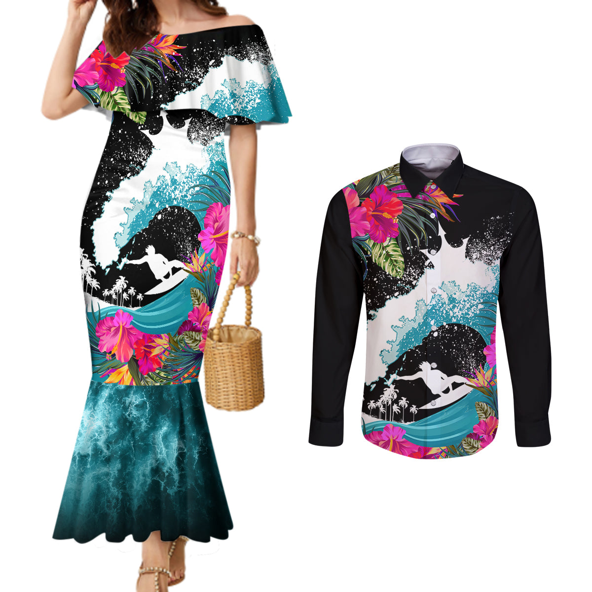 Hawaii Surfing Couples Matching Mermaid Dress and Long Sleeve Button Shirts Triple Crown Rides The Waves LT7 Black - Polynesian Pride