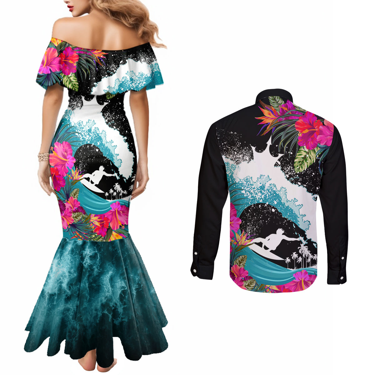 Hawaii Surfing Couples Matching Mermaid Dress and Long Sleeve Button Shirts Triple Crown Rides The Waves LT7 - Polynesian Pride