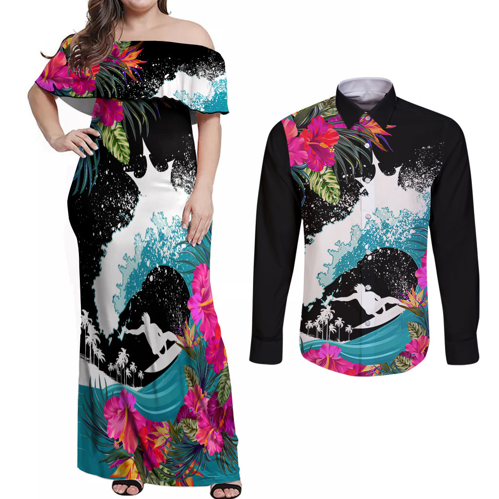 Hawaii Surfing Couples Matching Off Shoulder Maxi Dress and Long Sleeve Button Shirts Triple Crown Rides The Waves LT7 Black - Polynesian Pride