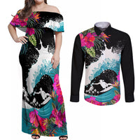 Hawaii Surfing Couples Matching Off Shoulder Maxi Dress and Long Sleeve Button Shirts Triple Crown Rides The Waves LT7 Black - Polynesian Pride