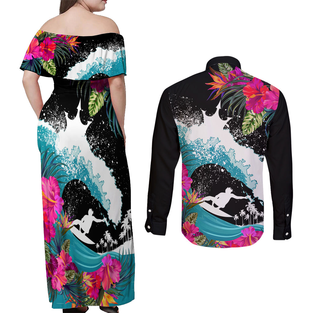 Hawaii Surfing Couples Matching Off Shoulder Maxi Dress and Long Sleeve Button Shirts Triple Crown Rides The Waves LT7 - Polynesian Pride