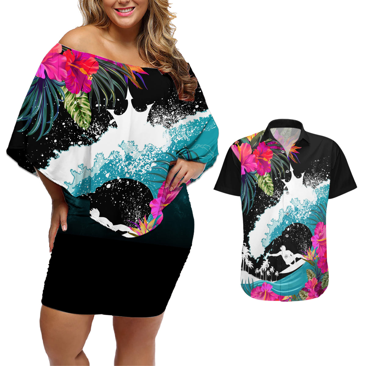 Hawaii Surfing Couples Matching Off Shoulder Short Dress and Hawaiian Shirt Triple Crown Rides The Waves LT7 Black - Polynesian Pride
