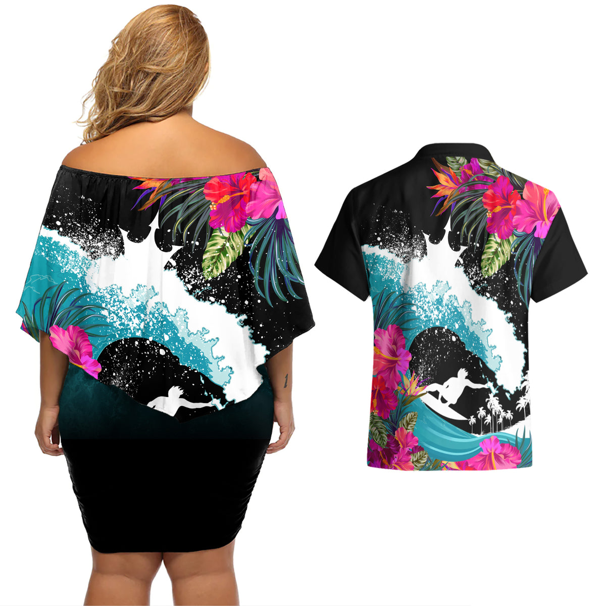 Hawaii Surfing Couples Matching Off Shoulder Short Dress and Hawaiian Shirt Triple Crown Rides The Waves LT7 - Polynesian Pride