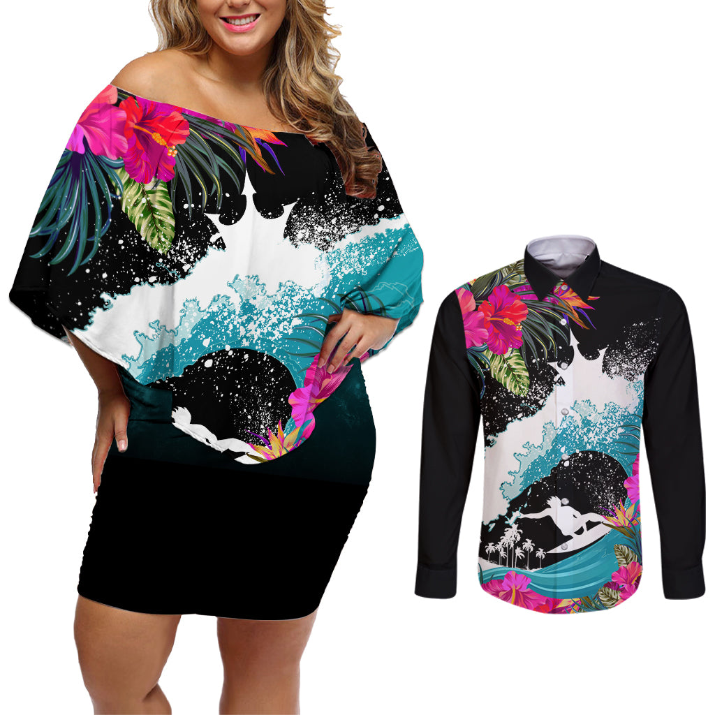 Hawaii Surfing Couples Matching Off Shoulder Short Dress and Long Sleeve Button Shirts Triple Crown Rides The Waves LT7 Black - Polynesian Pride