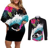 Hawaii Surfing Couples Matching Off Shoulder Short Dress and Long Sleeve Button Shirts Triple Crown Rides The Waves LT7 Black - Polynesian Pride