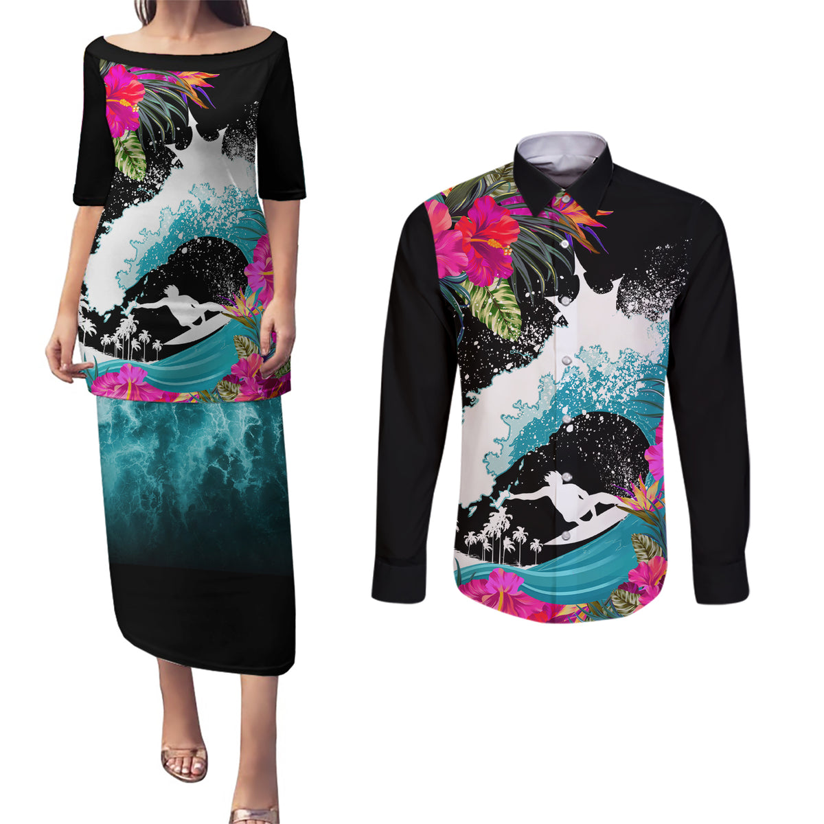 Hawaii Surfing Couples Matching Puletasi Dress and Long Sleeve Button Shirts Triple Crown Rides The Waves LT7 Black - Polynesian Pride