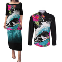 Hawaii Surfing Couples Matching Puletasi Dress and Long Sleeve Button Shirts Triple Crown Rides The Waves LT7 Black - Polynesian Pride