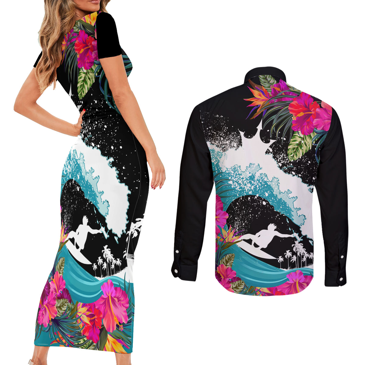 Hawaii Surfing Couples Matching Short Sleeve Bodycon Dress and Long Sleeve Button Shirts Triple Crown Rides The Waves LT7 - Polynesian Pride