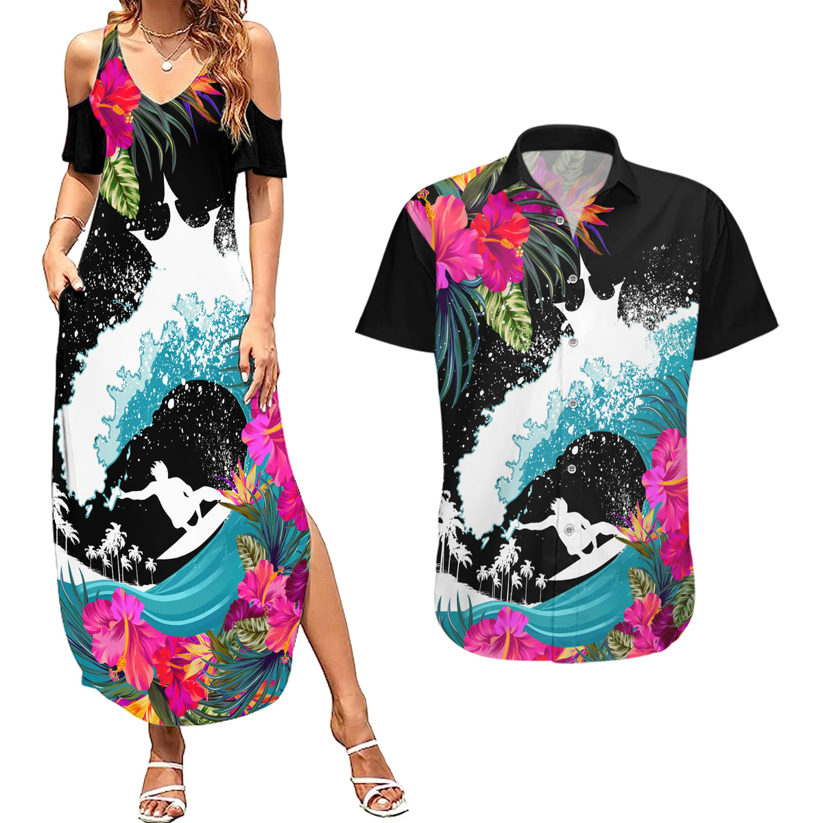 Hawaii Surfing Couples Matching Summer Maxi Dress and Hawaiian Shirt Triple Crown Rides The Waves LT7 Black - Polynesian Pride