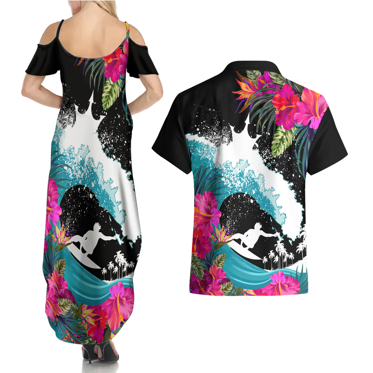 Hawaii Surfing Couples Matching Summer Maxi Dress and Hawaiian Shirt Triple Crown Rides The Waves LT7 - Polynesian Pride