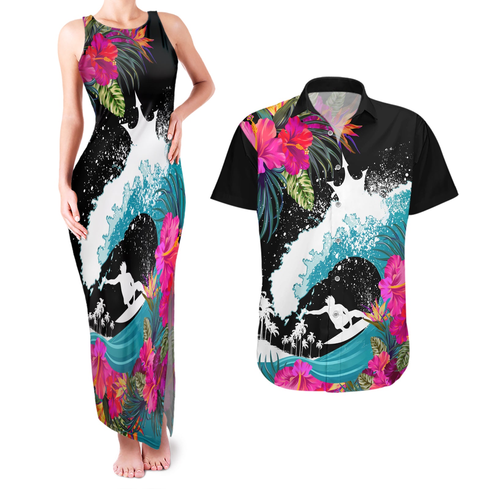 Hawaii Surfing Couples Matching Tank Maxi Dress and Hawaiian Shirt Triple Crown Rides The Waves LT7 Black - Polynesian Pride