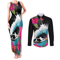 Hawaii Surfing Couples Matching Tank Maxi Dress and Long Sleeve Button Shirts Triple Crown Rides The Waves LT7 Black - Polynesian Pride