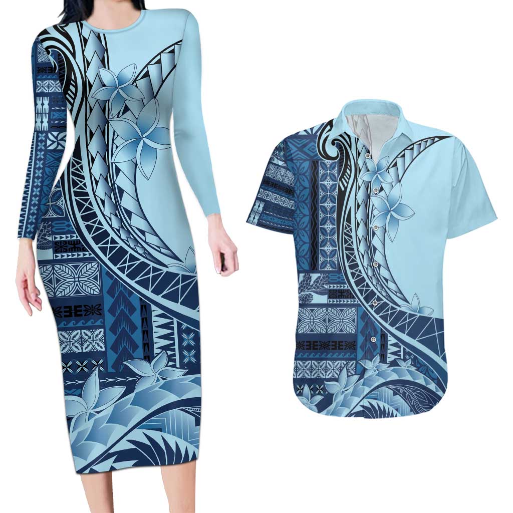 Samoa Siapo Mamanu Couples Matching Long Sleeve Bodycon Dress and Hawaiian Shirt Plumeria Navy Blue Motifs LT7 Blue - Polynesian Pride