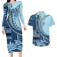 Samoa Siapo Mamanu Couples Matching Long Sleeve Bodycon Dress and Hawaiian Shirt Plumeria Navy Blue Motifs LT7 Blue - Polynesian Pride