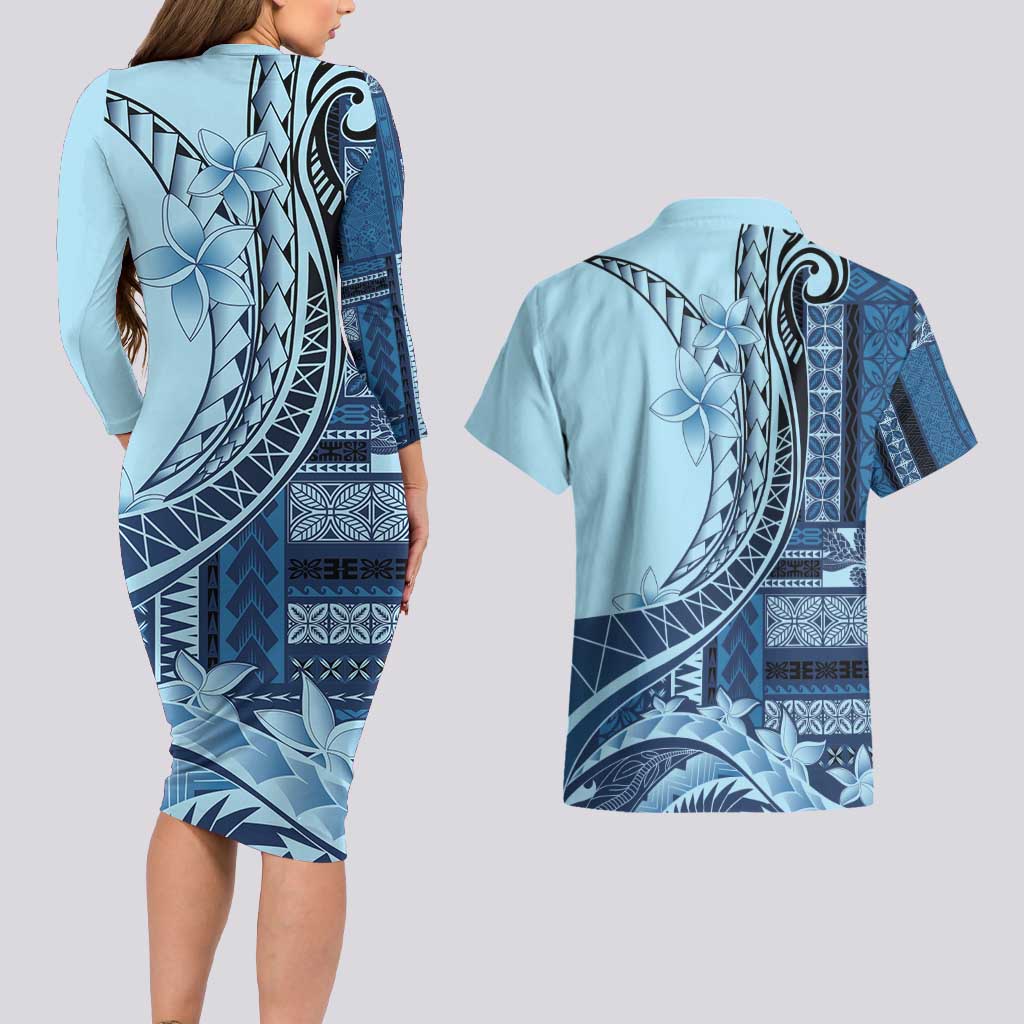 Samoa Siapo Mamanu Couples Matching Long Sleeve Bodycon Dress and Hawaiian Shirt Plumeria Navy Blue Motifs LT7 - Polynesian Pride