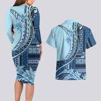 Samoa Siapo Mamanu Couples Matching Long Sleeve Bodycon Dress and Hawaiian Shirt Plumeria Navy Blue Motifs LT7 - Polynesian Pride