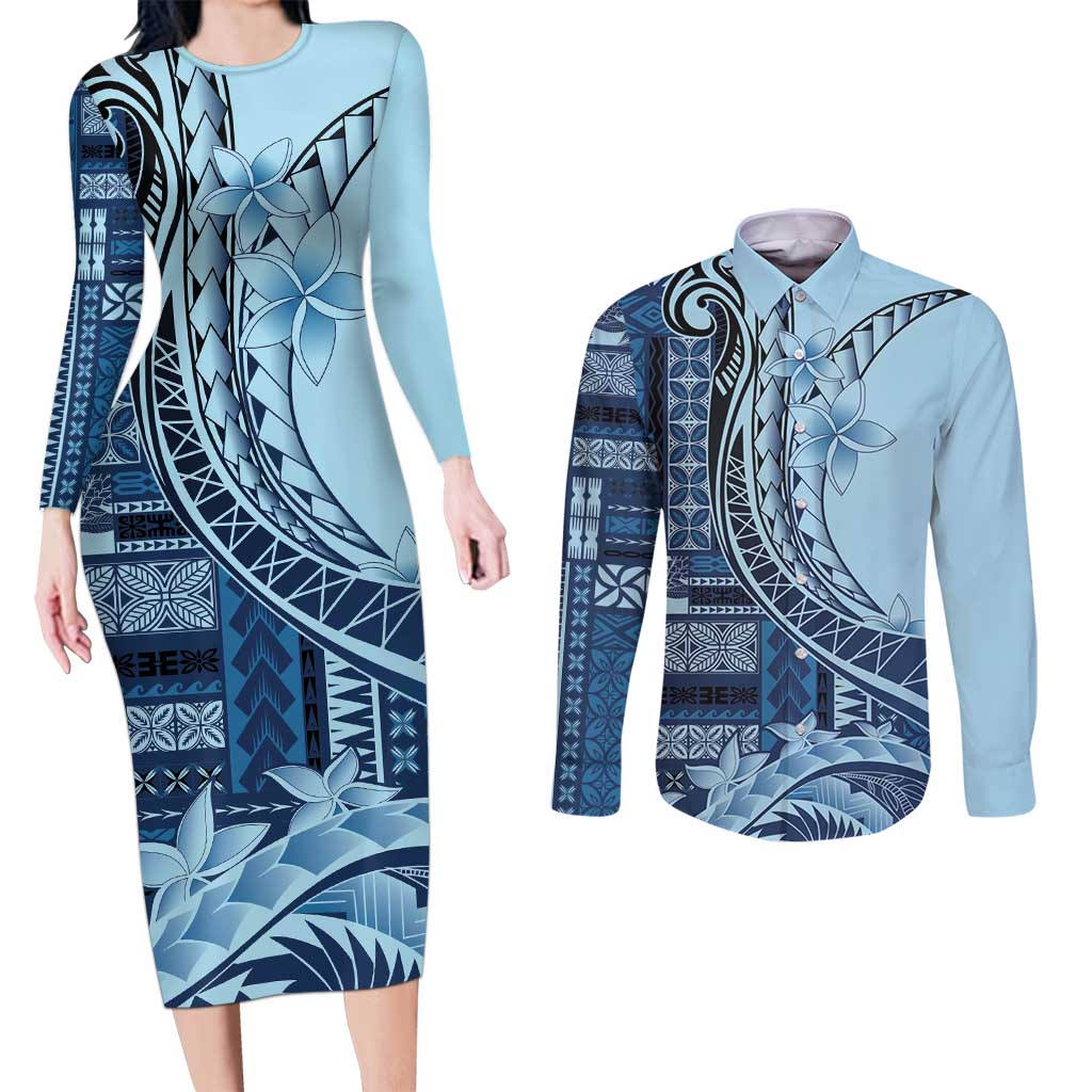 Samoa Siapo Mamanu Couples Matching Long Sleeve Bodycon Dress and Long Sleeve Button Shirt Plumeria Navy Blue Motifs LT7 Blue - Polynesian Pride