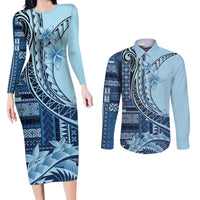 Samoa Siapo Mamanu Couples Matching Long Sleeve Bodycon Dress and Long Sleeve Button Shirt Plumeria Navy Blue Motifs LT7 Blue - Polynesian Pride