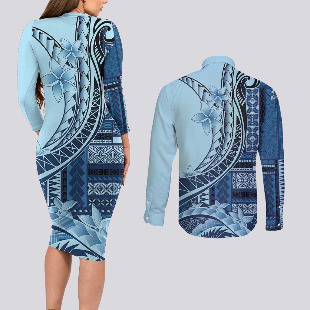 Samoa Siapo Mamanu Couples Matching Long Sleeve Bodycon Dress and Long Sleeve Button Shirt Plumeria Navy Blue Motifs LT7 - Polynesian Pride