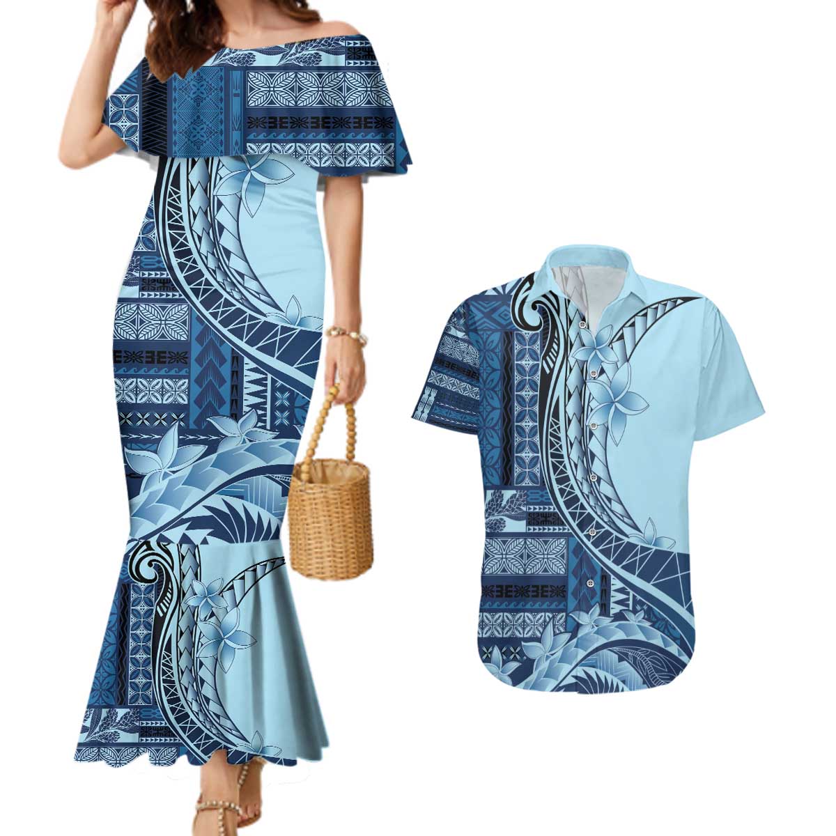 Samoa Siapo Mamanu Couples Matching Mermaid Dress and Hawaiian Shirt Plumeria Navy Blue Motifs LT7 Blue - Polynesian Pride