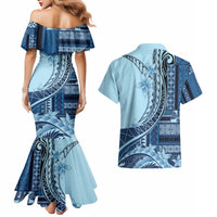 Samoa Siapo Mamanu Couples Matching Mermaid Dress and Hawaiian Shirt Plumeria Navy Blue Motifs LT7 - Polynesian Pride
