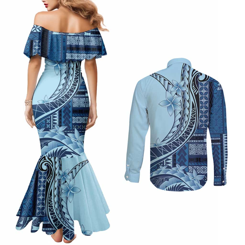 Samoa Siapo Mamanu Couples Matching Mermaid Dress and Long Sleeve Button Shirt Plumeria Navy Blue Motifs LT7 - Polynesian Pride