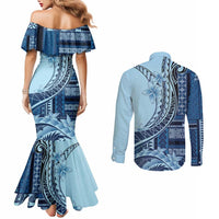 Samoa Siapo Mamanu Couples Matching Mermaid Dress and Long Sleeve Button Shirt Plumeria Navy Blue Motifs LT7 - Polynesian Pride