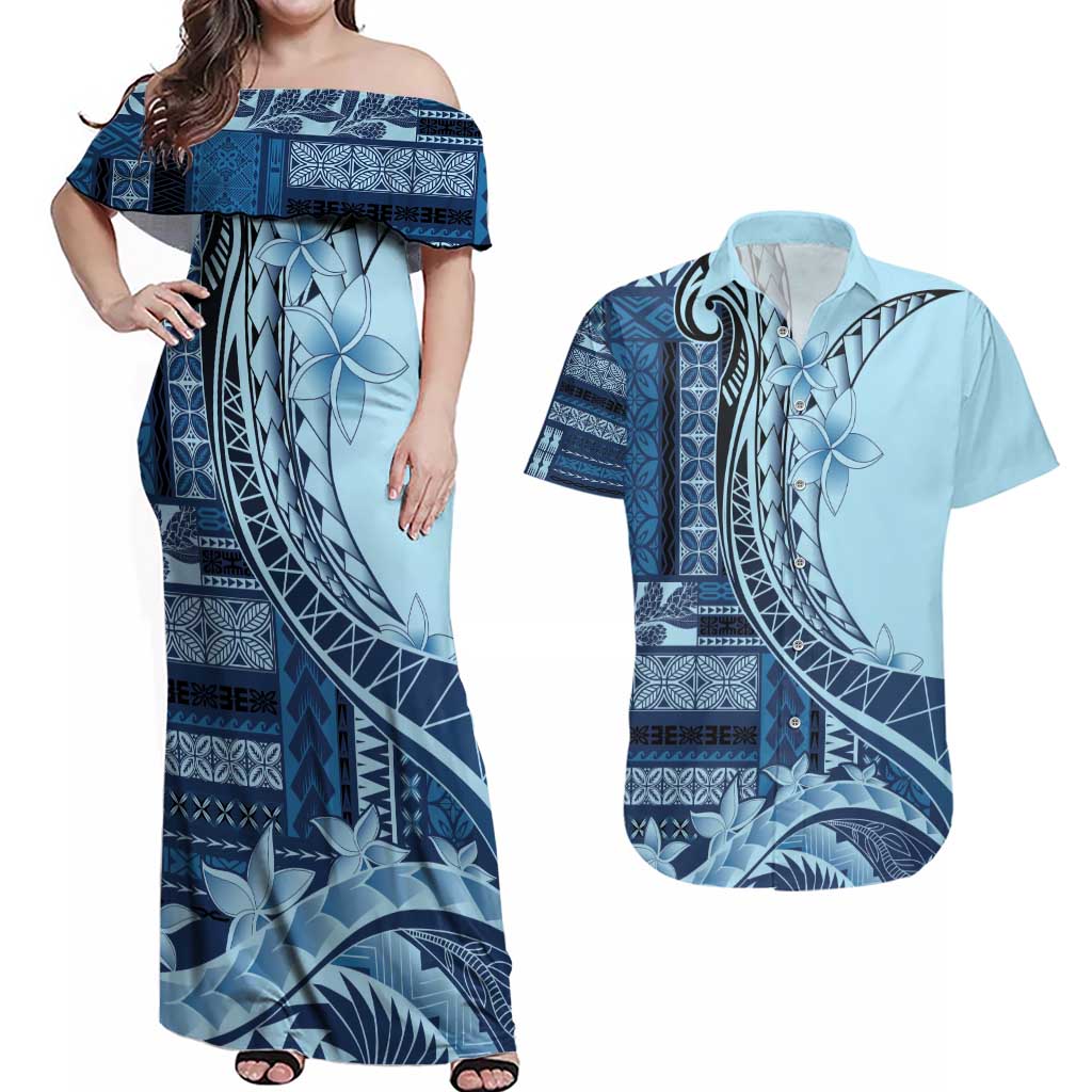 Samoa Siapo Mamanu Couples Matching Off Shoulder Maxi Dress and Hawaiian Shirt Plumeria Navy Blue Motifs LT7 Blue - Polynesian Pride
