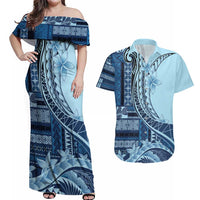Samoa Siapo Mamanu Couples Matching Off Shoulder Maxi Dress and Hawaiian Shirt Plumeria Navy Blue Motifs LT7 Blue - Polynesian Pride