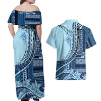 Samoa Siapo Mamanu Couples Matching Off Shoulder Maxi Dress and Hawaiian Shirt Plumeria Navy Blue Motifs LT7 - Polynesian Pride