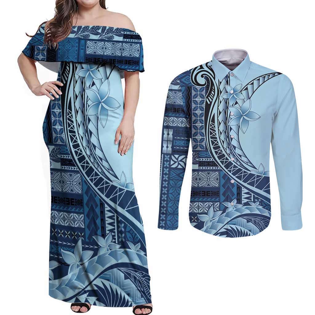 Samoa Siapo Mamanu Couples Matching Off Shoulder Maxi Dress and Long Sleeve Button Shirt Plumeria Navy Blue Motifs LT7 Blue - Polynesian Pride